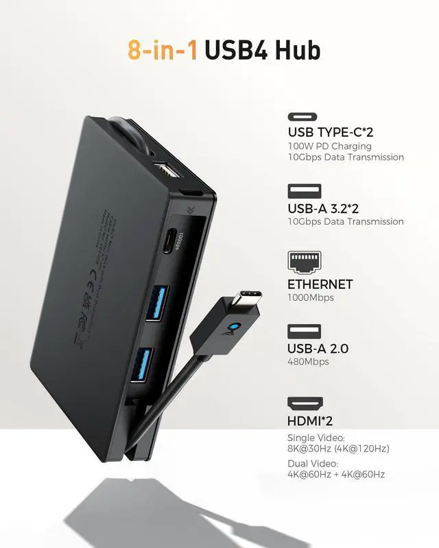 Alt view image 4 of 7 - 8-in-1 Portable 40Gbps Dual HDMI USB4 Hub | 1x 8K@30Hz / 4K@120Hz or 2x 4K@60Hz HDMI, Gigabit Ethernet, 100W PD Charging, Limited macOS Display Support