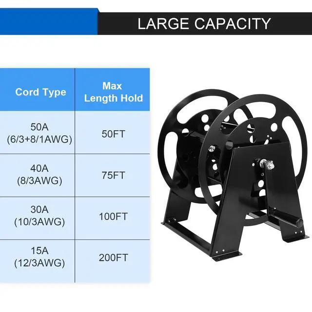 Alt view image 2 of 6 - RV Extension Cord Reel Stand, Up to 200 Feet of 15A (12/3 AWG) | Metal Reel Frame with Foldable Handle, Metal Heavy Duty Power Cord Storage Reel with Durable Bearings Anti-rust Coating