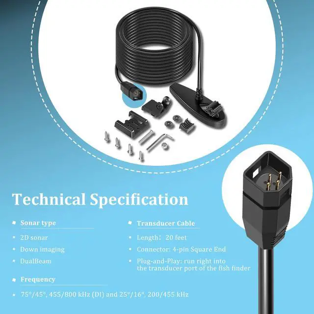 Alt view image 4 of 7 - 710226-1 XNT 9 DI T Transom Transducer for Humminbird Helix/PiranhaMAX/Legacy Down Imaging models with Dual Beam Sonar &Down Imaging Built-in Temperature Sensor 4-pin End20-ft Cable