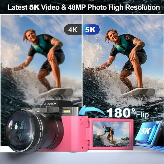 Alt view image 2 of 6 - 5K&64MP Digital Cameras for Photography&Video, Vlogging Camera for YouTube, Compact Camera with 32GB TF Card, WiFi,and Wide-Angle & Macro Len, AUTOFOCUS 16X Zoom for Entry-Level User, BeginnersPink