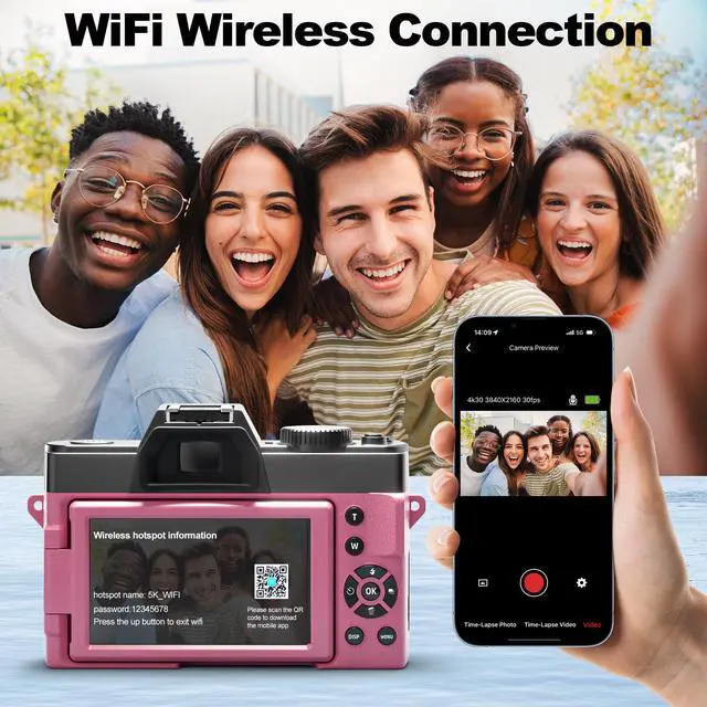 Alt view image 5 of 6 - 5K&64MP Digital Cameras for Photography&Video, Vlogging Camera for YouTube, Compact Camera with 32GB TF Card, WiFi,and Wide-Angle & Macro Len, AUTOFOCUS 16X Zoom for Entry-Level User, BeginnersPink
