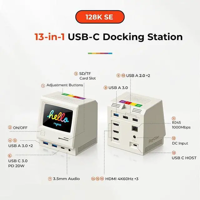 Alt view image 3 of 6 - 128K SE Docking Station Triple Monitor, Digital Clock/Photo Frame,13-in-1 USBC Dock Triple 4K Display for MacBook Windows, 3 HDMI, USB C Data, Ethernet, Audio, 5 USBA Ports, 45W Power Adapter