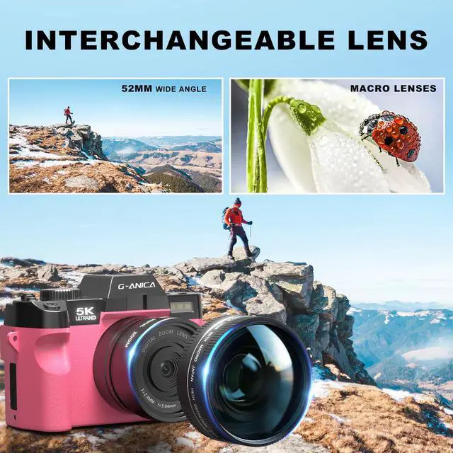 Alt view image 6 of 6 - 5K&64MP Digital Cameras for Photography&Video, Vlogging Camera for YouTube, Compact Camera with 32GB TF Card, WiFi,and Wide-Angle & Macro Len, AUTOFOCUS 16X Zoom for Entry-Level User, BeginnersPink