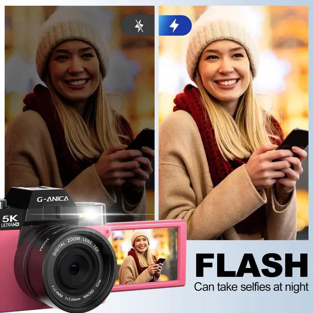 Alt view image 4 of 6 - 5K&64MP Digital Cameras for Photography&Video, Vlogging Camera for YouTube, Compact Camera with 32GB TF Card, WiFi,and Wide-Angle & Macro Len, AUTOFOCUS 16X Zoom for Entry-Level User, BeginnersPink