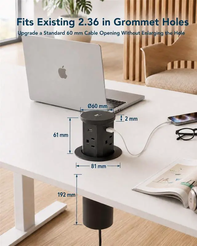 Alt view image 2 of 7 - 2.4" Pop Up Countertop Outlet, 30W USB-C & Wireless Charger | Fits 2.4 in (60mm) grommet holes, 4 AC outlets, 2 USB-C 30W, 2 USB-A 18W, 15W wireless charging and 1.5m cord, Black