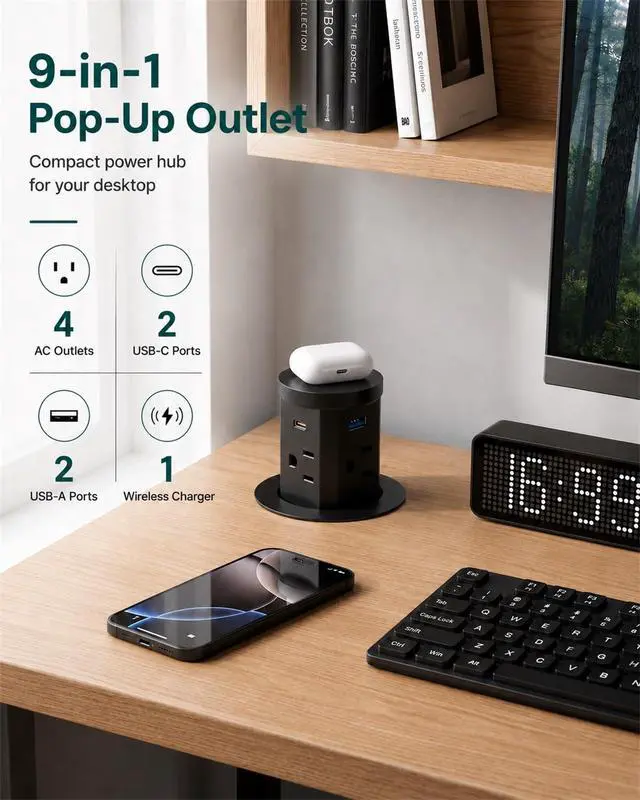 Alt view image 3 of 7 - 2.4" Pop Up Countertop Outlet, 30W USB-C & Wireless Charger | Fits 2.4 in (60mm) grommet holes, 4 AC outlets, 2 USB-C 30W, 2 USB-A 18W, 15W wireless charging and 1.5m cord, Black