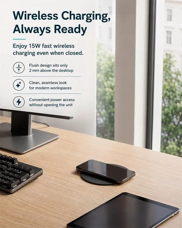 Alt view image 5 of 7 - 2.4" Pop Up Countertop Outlet, 30W USB-C & Wireless Charger | Fits 2.4 in (60mm) grommet holes, 4 AC outlets, 2 USB-C 30W, 2 USB-A 18W, 15W wireless charging and 1.5m cord, Black