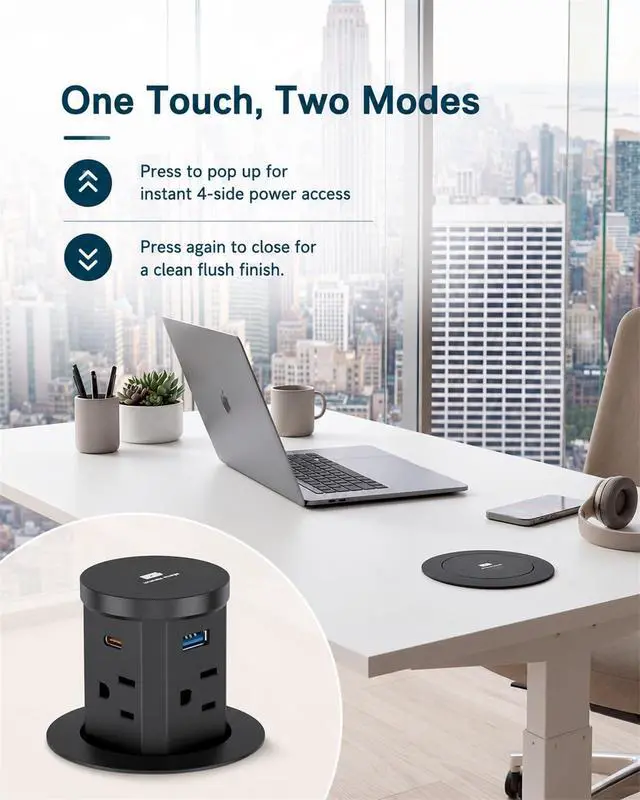 Alt view image 6 of 7 - 2.4" Pop Up Countertop Outlet, 30W USB-C & Wireless Charger | Fits 2.4 in (60mm) grommet holes, 4 AC outlets, 2 USB-C 30W, 2 USB-A 18W, 15W wireless charging and 1.5m cord, Black