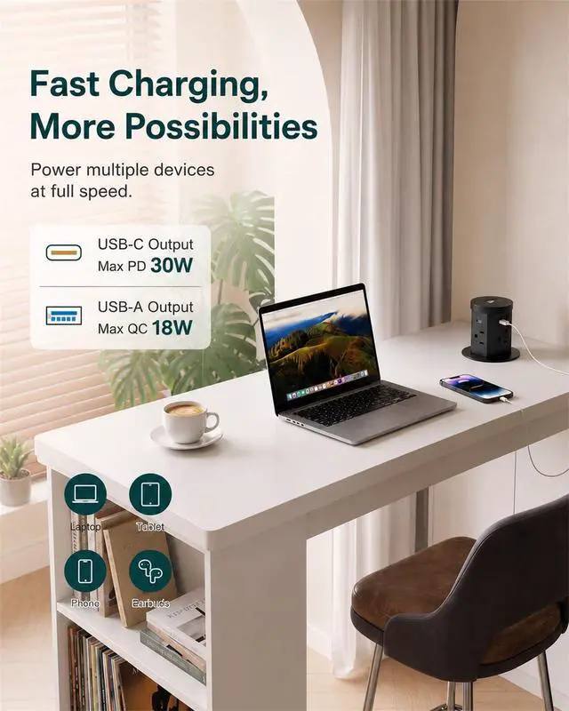 Alt view image 4 of 7 - 2.4" Pop Up Countertop Outlet, 30W USB-C & Wireless Charger | Fits 2.4 in (60mm) grommet holes, 4 AC outlets, 2 USB-C 30W, 2 USB-A 18W, 15W wireless charging and 1.5m cord, Black