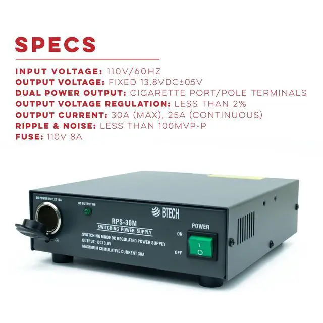 Alt view image 2 of 7 - RPS-30M 30 Amp Compact Regulated Bench Power Supply - 13.8V AC-to-DC Converter with Screw Terminals & Cigarette Plug Output
