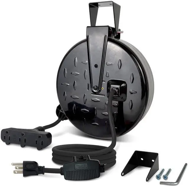 Main image of Retractable Extension Cord Reel, 16/3 SJTW Power Cord 30 Ft with 3 Electrical Outlets and 10 Amp Circuit Breaker, Ceiling or Wall Mount, Metal Plate, UL Listed, Grey