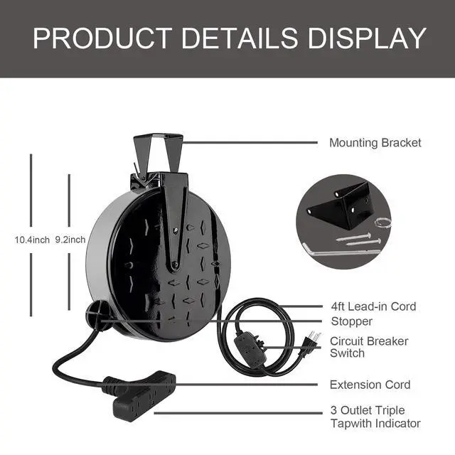 Alt view image 2 of 6 - Retractable Extension Cord Reel, 16/3 SJTW Power Cord 30 Ft with 3 Electrical Outlets and 10 Amp Circuit Breaker, Ceiling or Wall Mount, Metal Plate, UL Listed, Grey