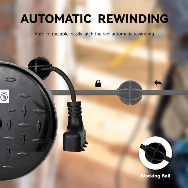 Alt view image 3 of 6 - Retractable Extension Cord Reel, 16/3 SJTW Power Cord 30 Ft with 3 Electrical Outlets and 10 Amp Circuit Breaker, Ceiling or Wall Mount, Metal Plate, UL Listed, Grey