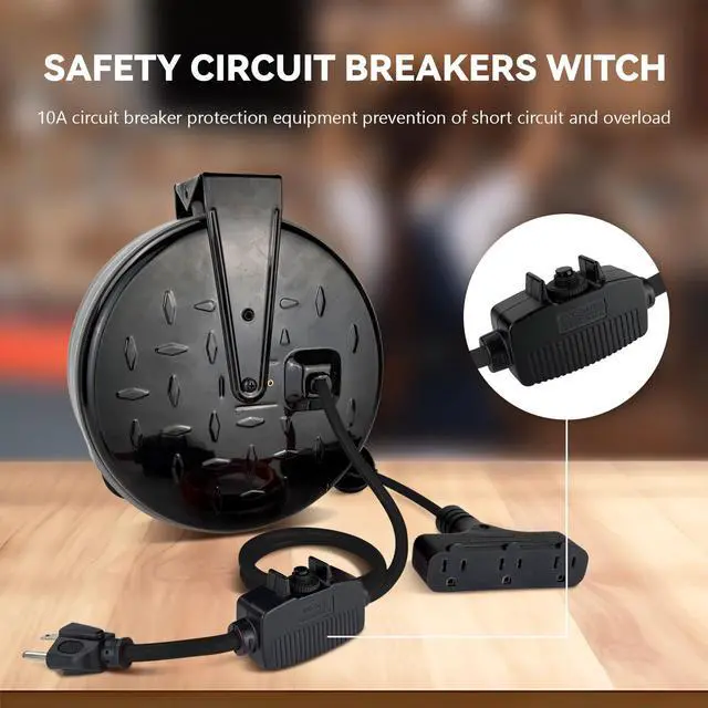 Alt view image 5 of 6 - Retractable Extension Cord Reel, 16/3 SJTW Power Cord 30 Ft with 3 Electrical Outlets and 10 Amp Circuit Breaker, Ceiling or Wall Mount, Metal Plate, UL Listed, Grey