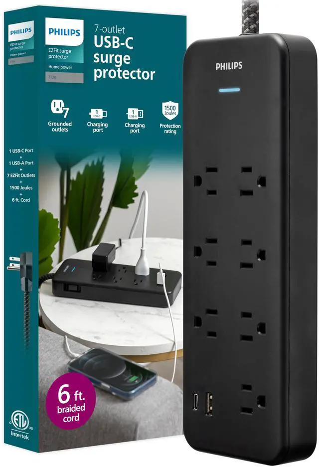 Main image of Surge Protector Power Strip with USB Ports | 6 Ft Braided Extension Cord, 1500 Joules, 7 Outlet Extender (Wide Spaced), 1 USB-A, 1 USB-C, Flat Plug, ETL Safety Listed