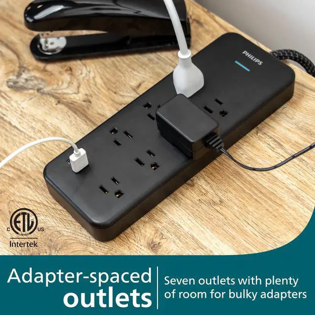 Alt view image 3 of 6 - Surge Protector Power Strip with USB Ports | 6 Ft Braided Extension Cord, 1500 Joules, 7 Outlet Extender (Wide Spaced), 1 USB-A, 1 USB-C, Flat Plug, ETL Safety Listed