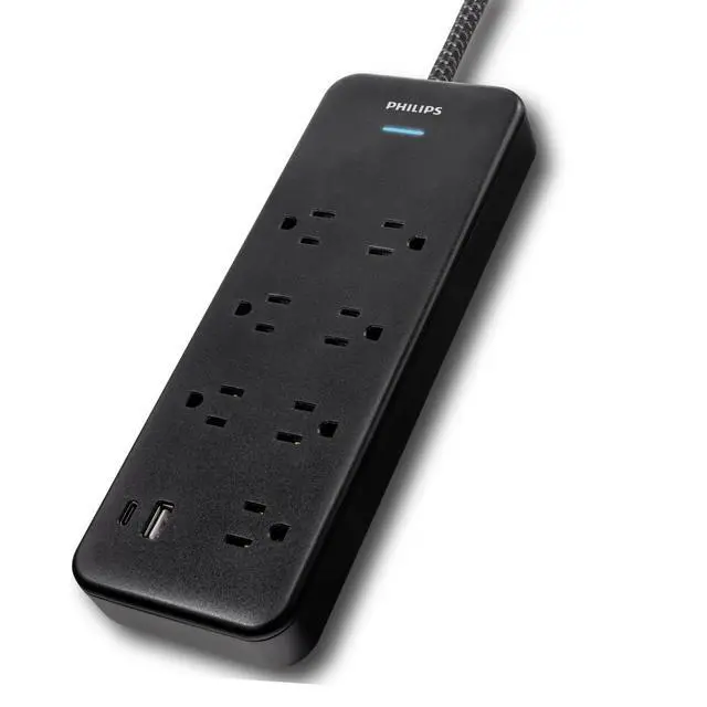 Alt view image 2 of 6 - Surge Protector Power Strip with USB Ports | 6 Ft Braided Extension Cord, 1500 Joules, 7 Outlet Extender (Wide Spaced), 1 USB-A, 1 USB-C, Flat Plug, ETL Safety Listed