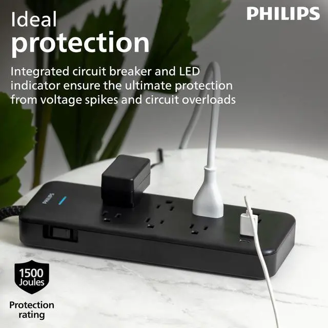 Alt view image 4 of 6 - Surge Protector Power Strip with USB Ports | 6 Ft Braided Extension Cord, 1500 Joules, 7 Outlet Extender (Wide Spaced), 1 USB-A, 1 USB-C, Flat Plug, ETL Safety Listed