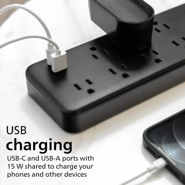 Alt view image 5 of 6 - Surge Protector Power Strip with USB Ports | 6 Ft Braided Extension Cord, 1500 Joules, 7 Outlet Extender (Wide Spaced), 1 USB-A, 1 USB-C, Flat Plug, ETL Safety Listed