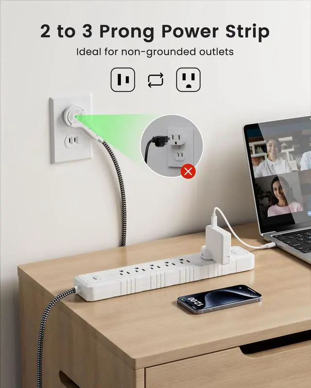 Alt view image 2 of 7 - 2 Prong to 3 Prong Outlet Adapter, 2 Prong Power Strip | 1050J 2 Prong Flat Plug Surge Protector, 6ft Extension Cord, 6 AC Outlets & 4 USB(1 Type-C), Ideal for Non-Grounded Outlets