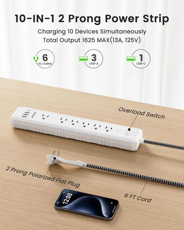 Alt view image 4 of 7 - 2 Prong to 3 Prong Outlet Adapter, 2 Prong Power Strip | 1050J 2 Prong Flat Plug Surge Protector, 6ft Extension Cord, 6 AC Outlets & 4 USB(1 Type-C), Ideal for Non-Grounded Outlets