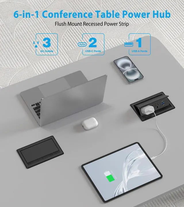 Alt view image 2 of 7 - Recessed Conference Table Power Hub with 20W USB-C PD Fast Charging, Flush Mounted for Desks, Kitchens & RVs, 6FT Power Cord (Black)