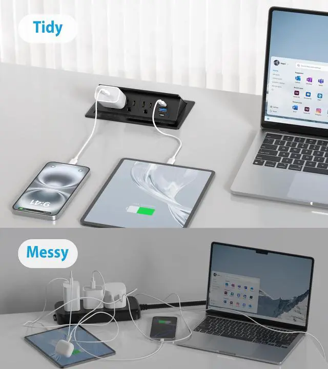 Alt view image 4 of 7 - Recessed Conference Table Power Hub with 20W USB-C PD Fast Charging, Flush Mounted for Desks, Kitchens & RVs, 6FT Power Cord (Black)