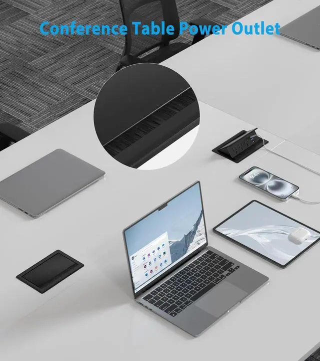 Alt view image 5 of 7 - Recessed Conference Table Power Hub with 20W USB-C PD Fast Charging, Flush Mounted for Desks, Kitchens & RVs, 6FT Power Cord (Black)