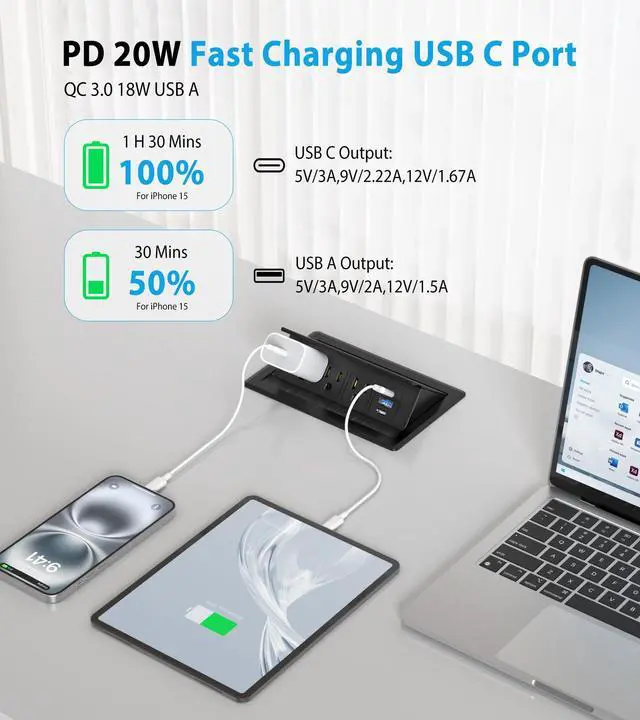 Alt view image 3 of 7 - Recessed Conference Table Power Hub with 20W USB-C PD Fast Charging, Flush Mounted for Desks, Kitchens & RVs, 6FT Power Cord (Black)
