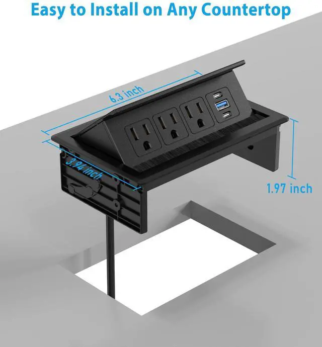 Alt view image 7 of 7 - Recessed Conference Table Power Hub with 20W USB-C PD Fast Charging, Flush Mounted for Desks, Kitchens & RVs, 6FT Power Cord (Black)