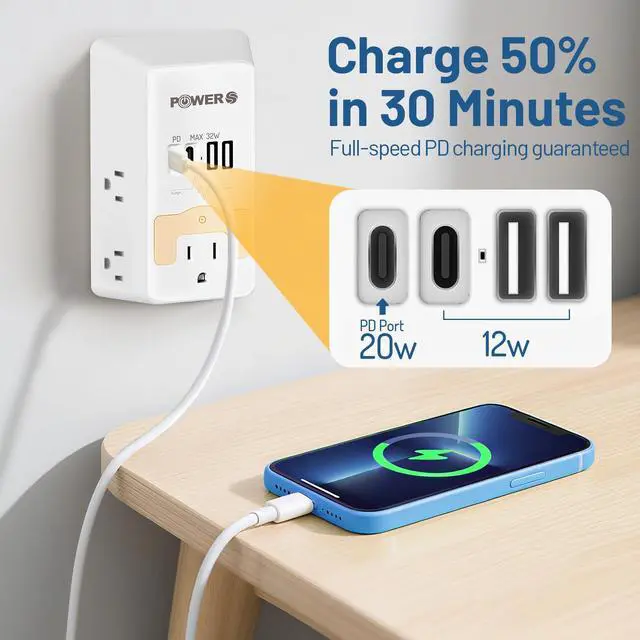 Alt view image 2 of 7 - 20W PD Fast Charging Wall Outlet with USB Ports (2C2A), Electrical Outlet Extender with Night Light, Surge Protector, Wall Plug Adapter for Multiple Devices