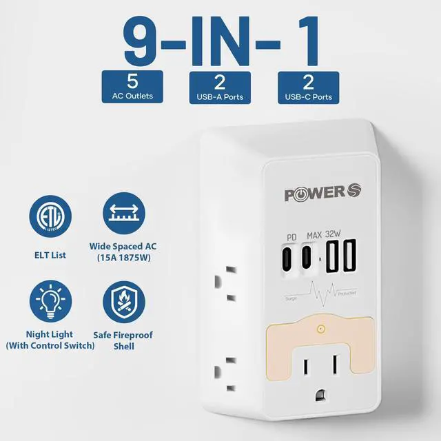 Alt view image 3 of 7 - 20W PD Fast Charging Wall Outlet with USB Ports (2C2A), Electrical Outlet Extender with Night Light, Surge Protector, Wall Plug Adapter for Multiple Devices