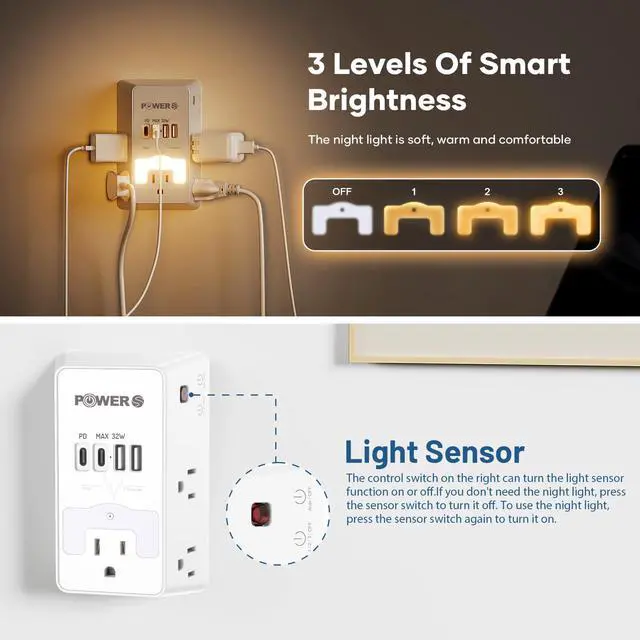 Alt view image 4 of 7 - 20W PD Fast Charging Wall Outlet with USB Ports (2C2A), Electrical Outlet Extender with Night Light, Surge Protector, Wall Plug Adapter for Multiple Devices