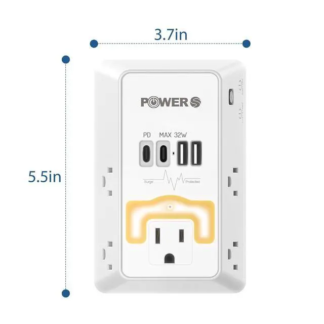 Alt view image 7 of 7 - 20W PD Fast Charging Wall Outlet with USB Ports (2C2A), Electrical Outlet Extender with Night Light, Surge Protector, Wall Plug Adapter for Multiple Devices