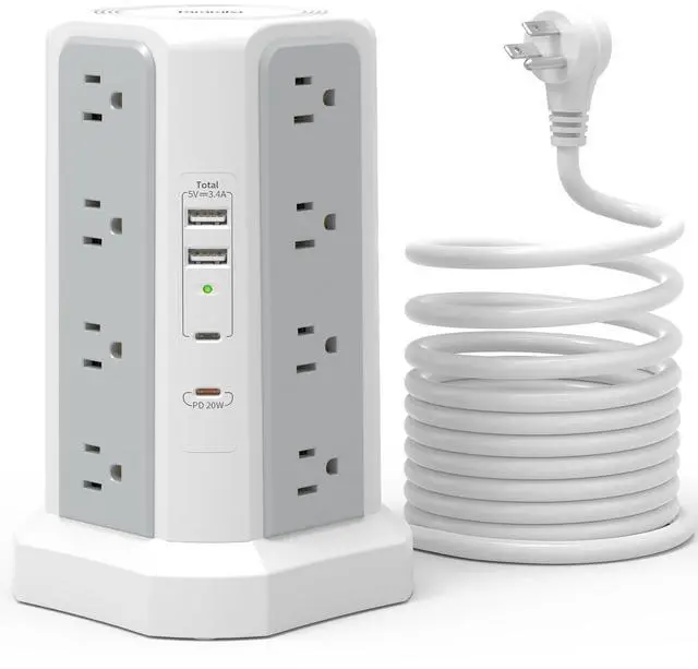 Main image of Surge Protector Power Strip with PD20W USB C,13A Thicker Extension Cord with Multiple Outlets 6FT Tower Power Strip with USB Ports 2A2C,16AC,Office Supplies Dorm Essentials