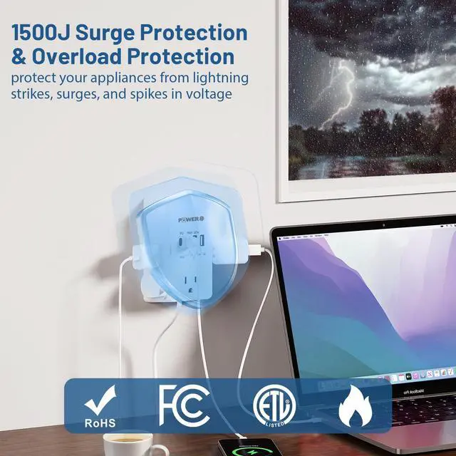 Alt view image 5 of 7 - 20W PD Fast Charging Wall Outlet with USB Ports (2C2A), Electrical Outlet Extender with Night Light, Surge Protector, Wall Plug Adapter for Multiple Devices