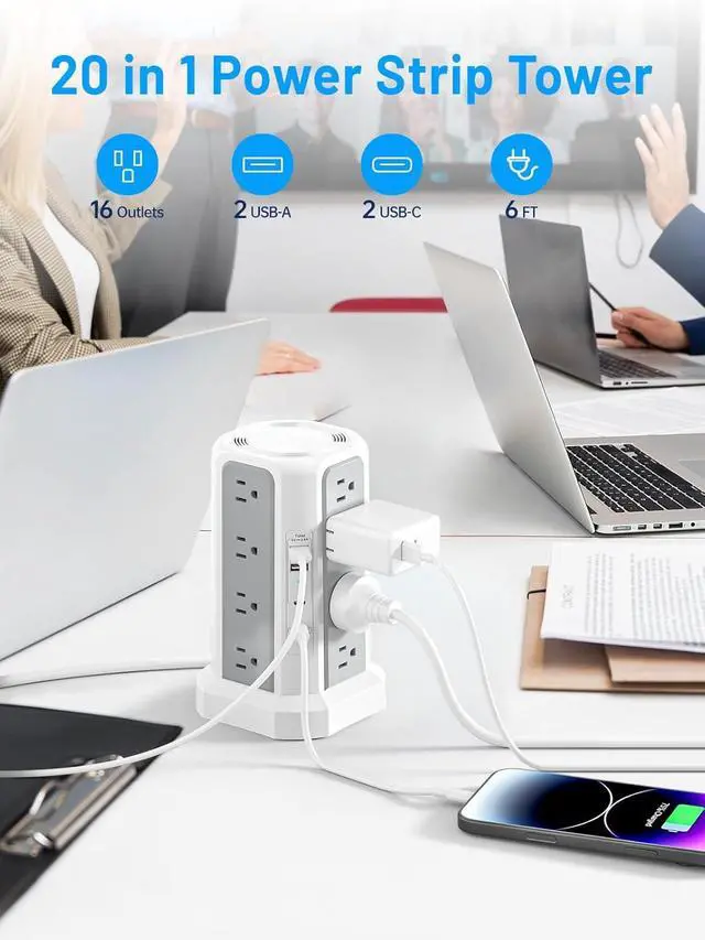 Alt view image 2 of 7 - Surge Protector Power Strip with PD20W USB C,13A Thicker Extension Cord with Multiple Outlets 6FT Tower Power Strip with USB Ports 2A2C,16AC,Office Supplies Dorm Essentials