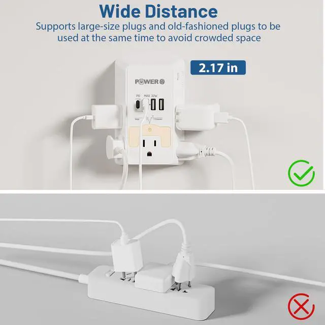 Alt view image 6 of 7 - 20W PD Fast Charging Wall Outlet with USB Ports (2C2A), Electrical Outlet Extender with Night Light, Surge Protector, Wall Plug Adapter for Multiple Devices
