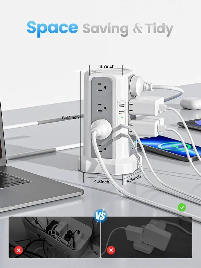 Alt view image 5 of 7 - Surge Protector Power Strip with PD20W USB C,13A Thicker Extension Cord with Multiple Outlets 6FT Tower Power Strip with USB Ports 2A2C,16AC,Office Supplies Dorm Essentials
