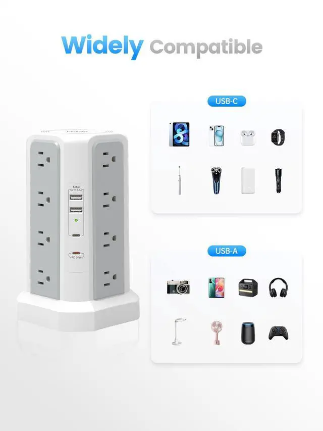 Alt view image 6 of 7 - Surge Protector Power Strip with PD20W USB C,13A Thicker Extension Cord with Multiple Outlets 6FT Tower Power Strip with USB Ports 2A2C,16AC,Office Supplies Dorm Essentials