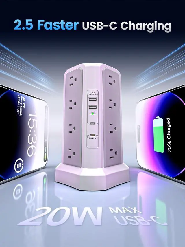 Alt view image 4 of 7 - Surge Protector Power Strip with PD20W USB C,13A Thicker Extension Cord with Multiple Outlets 6FT Tower Power Strip with USB Ports 2A2C,16AC,Office Supplies Dorm Essentials