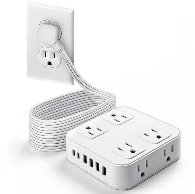 Main image of 10FT Flat Plug Surge Protector Power Strip with 8 Outlets & 6 USB(2 USB-C) | Extension Cord Flat Wall Plug10 Foot, Multiple Outlets, Wall Mount, Desk Charging Station for Home, School, Dorm Room