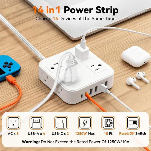 Alt view image 2 of 7 - 10FT Flat Plug Surge Protector Power Strip with 8 Outlets & 6 USB(2 USB-C) | Extension Cord Flat Wall Plug10 Foot, Multiple Outlets, Wall Mount, Desk Charging Station for Home, School, Dorm Room