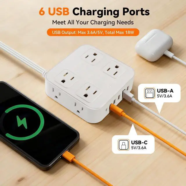 Alt view image 3 of 7 - 10FT Flat Plug Surge Protector Power Strip with 8 Outlets & 6 USB(2 USB-C) | Extension Cord Flat Wall Plug10 Foot, Multiple Outlets, Wall Mount, Desk Charging Station for Home, School, Dorm Room