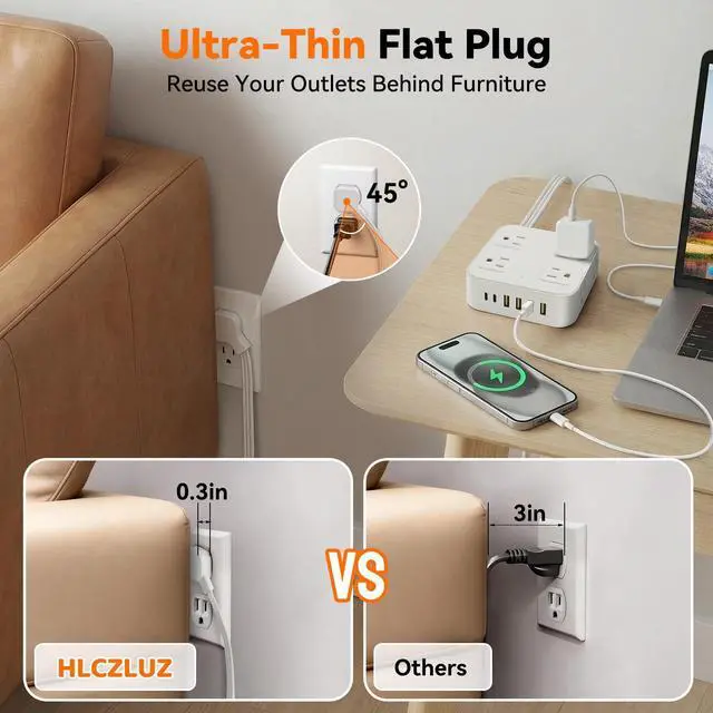 Alt view image 5 of 7 - 10FT Flat Plug Surge Protector Power Strip with 8 Outlets & 6 USB(2 USB-C) | Extension Cord Flat Wall Plug10 Foot, Multiple Outlets, Wall Mount, Desk Charging Station for Home, School, Dorm Room
