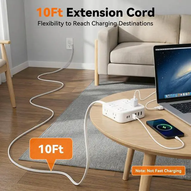 Alt view image 4 of 7 - 10FT Flat Plug Surge Protector Power Strip with 8 Outlets & 6 USB(2 USB-C) | Extension Cord Flat Wall Plug10 Foot, Multiple Outlets, Wall Mount, Desk Charging Station for Home, School, Dorm Room