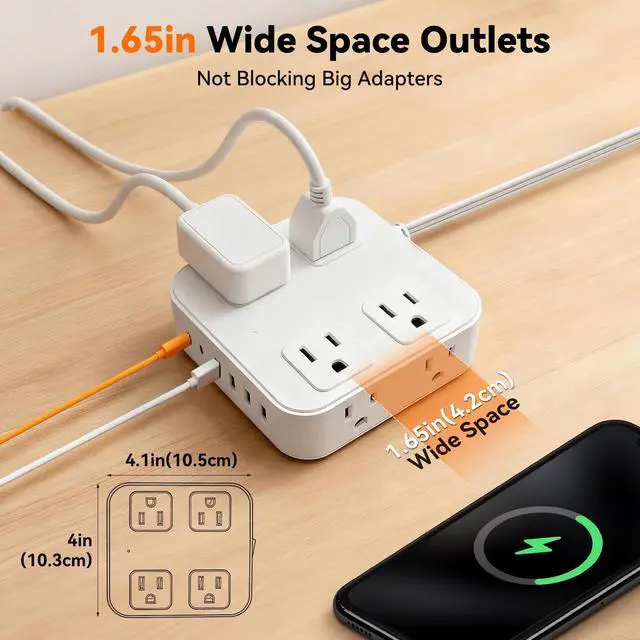 Alt view image 6 of 7 - 10FT Flat Plug Surge Protector Power Strip with 8 Outlets & 6 USB(2 USB-C) | Extension Cord Flat Wall Plug10 Foot, Multiple Outlets, Wall Mount, Desk Charging Station for Home, School, Dorm Room