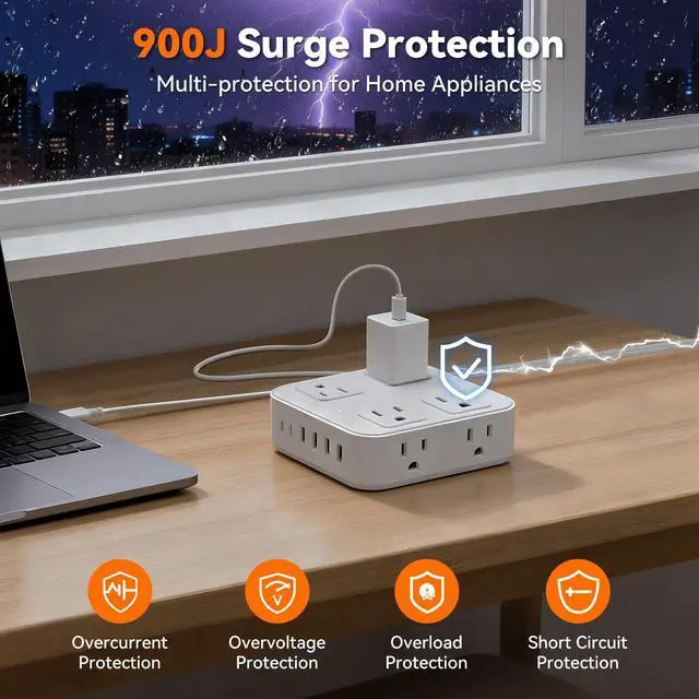 Alt view image 7 of 7 - 10FT Flat Plug Surge Protector Power Strip with 8 Outlets & 6 USB(2 USB-C) | Extension Cord Flat Wall Plug10 Foot, Multiple Outlets, Wall Mount, Desk Charging Station for Home, School, Dorm Room