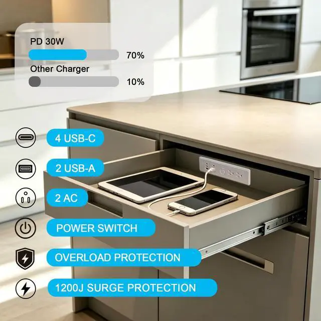 Alt view image 2 of 6 - Drawer Outlet Kit, Retractable Arm, Integrated Safety Shutoff Fast Charging | (4) 30W USB-C & (2) USB-A(2) tamper-resistant AC | Surge Protector | for Cabinets,Vanity Cabinet, Night stand