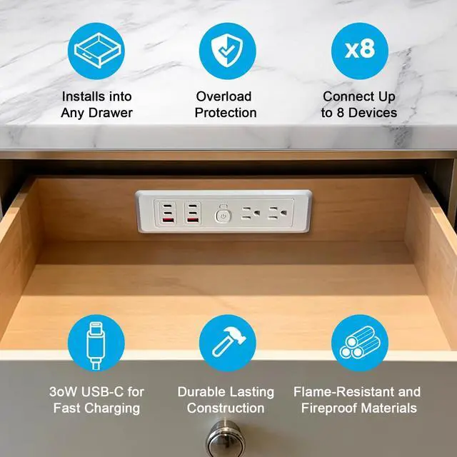 Alt view image 3 of 6 - Drawer Outlet Kit, Retractable Arm, Integrated Safety Shutoff Fast Charging | (4) 30W USB-C & (2) USB-A(2) tamper-resistant AC | Surge Protector | for Cabinets,Vanity Cabinet, Night stand
